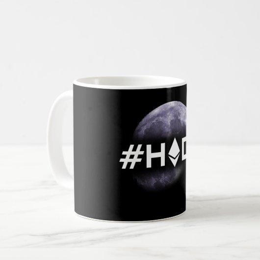#HODL Ethereum zur Mond-Schwarz-Tasse Kaffeetasse (Vorderseite Links)