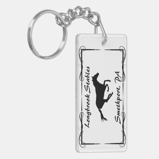 Höfe Ranch oder Stabname Galloping Pferd Schlüsselanhänger (Vorderseite links)