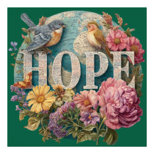 Hoffnung Florale Typografie mit Vögeln und Botanik Fotodruck