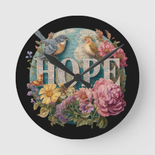 Hoffnung Florale Typografie mit Vögeln und Botanik Runde Wanduhr