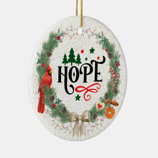 Hoffnung mit Weihnachtskranz mit Band Keramik Ornament (Rechts)