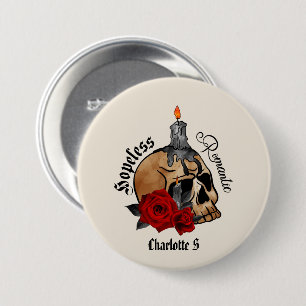 Hoffnungslose Romantik - Gotischer Schädel, Rote R Button