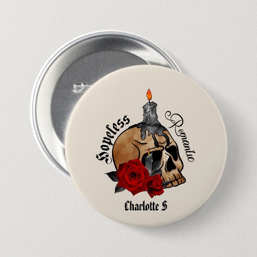 Hoffnungslose Romantik - Gotischer Schädel, Rote R Button (Vorne & Hinten)