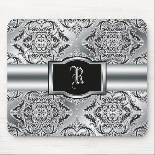 Höfliches Damast-Schwarzes, Weiß, Silber Mousepad