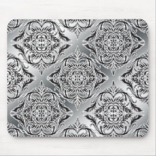 Höfliches Damast-Schwarzes, Weiß, Silber Mousepad