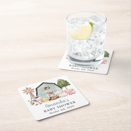 Hoftiere, Süße Tiere, Blaue Scheune, Babyparty Rechteckiger Pappuntersetzer (Vor Ort)