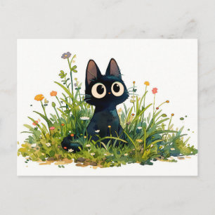 Hohe Gras-Wasserfarbe-Kawaii-Schwarze Katze Postkarte
