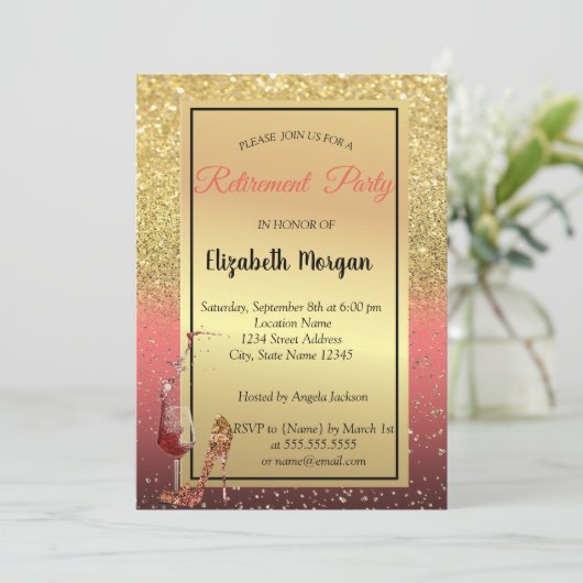 Hoher Absatz, Weinglas, Rot, Glitzer Ruhestand Par Einladung (Stehend Vorderseite)