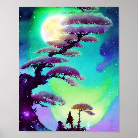 Hoher lila Bonsai und Mond Poster (Vorne)