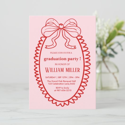 Hoher Schulhandschuh Illustriert rosa und roter Gr Einladung (Stehend Vorderseite)