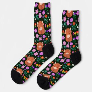 Höhere Kuh und farbenfrohe rosa Blume Schwarze Soc Socken