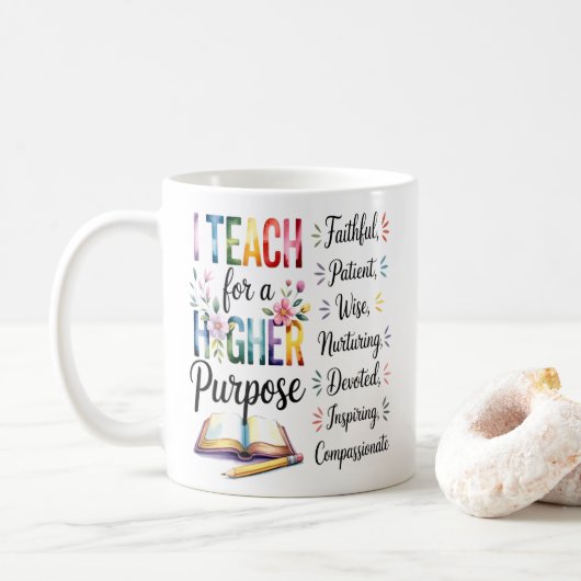 Höhere Zweck Buch Blumen Bleistift Illustration Kaffeetasse (Mit Donut)