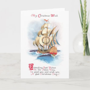 Hohes Schiff auf hoher See Vintage-Weihnachten Feiertagskarte
