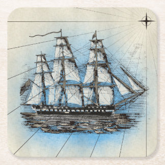 Hohes Schiffs-Vintage Seeillustration Rechteckiger Pappuntersetzer