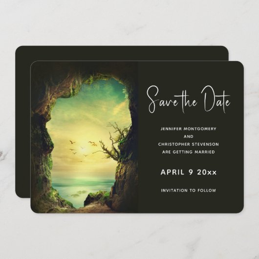 Höhle mit Blick auf das Meer Landschaftliches Foto Save The Date (Vorne/Hinten)