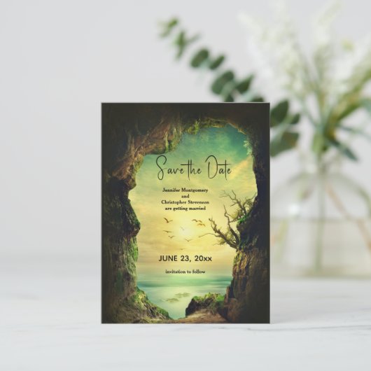 Höhle über dem Meer Landschaftlich Save the Date Einladungspostkarte (Stehend Vorderseite)