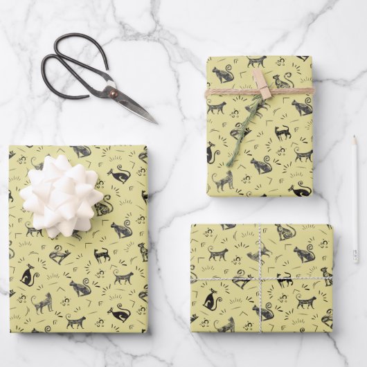 Höhlenkunst Katzen auf Gelb Geschenkpapier Set (Vorderseite)