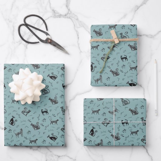 Höhlenkunst Katzen auf Hellgrau Cyan Geschenkpapier Set (Vorderseite)