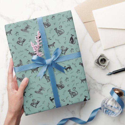 Höhlenkunst Katzen auf Hellgrau Türkis Geschenkpapier (Schenken)