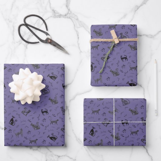 Höhlenkunstkatzen auf Grau Indigo Geschenkpapier Set (Vorderseite)