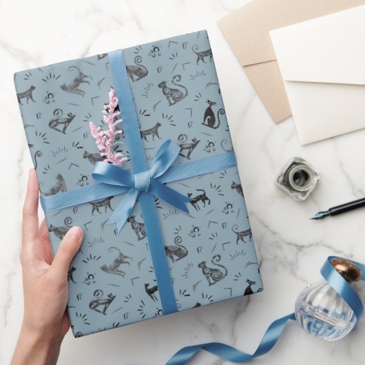 Höhlenkunstkatzen auf Hellgrauem Azurblau Geschenkpapier (Schenken)