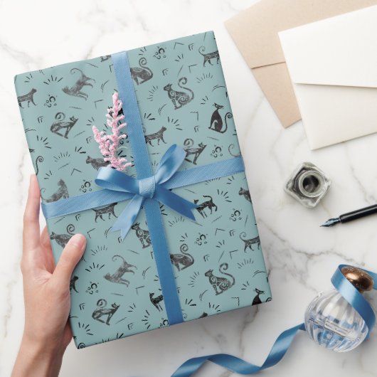 Höhlenkunstkatzen auf hellgrauem Cyan Geschenkpapier (Schenken)