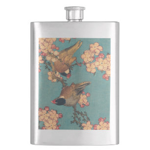 Hokusai Dompfaff und Kirschblüte Vintage Vogel Flachmann