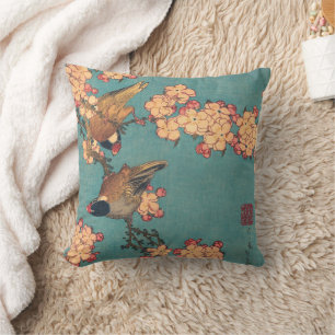 Hokusai Dompfaff und Kirschblüte Vintage Vogel Kissen