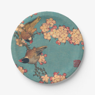 Hokusai Dompfaff und Kirschblüte Vintage Vogel Pappteller