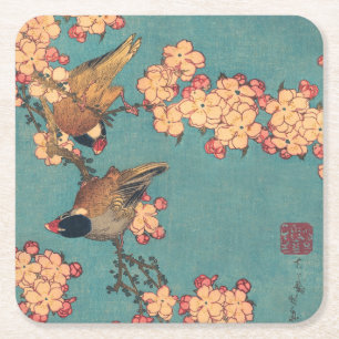 Hokusai Dompfaff und Kirschblüte Vintage Vogel Rechteckiger Pappuntersetzer