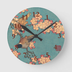 Hokusai Dompfaff und Kirschblüte Vintage Vogel Runde Wanduhr
