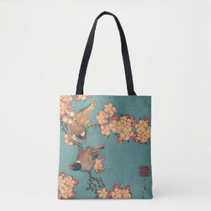 Hokusai Dompfaff und Kirschblüte Vintage Vogel Tasche