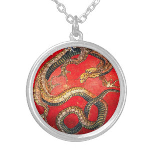 Hokusai Gold Japanischer Dragon Necklace Versilberte Kette