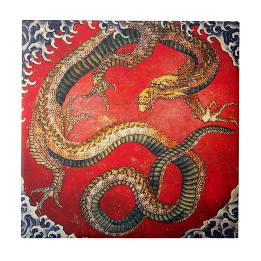 Hokusai Gold Japanischer Dragon Tile Fliese (Vorderseite)