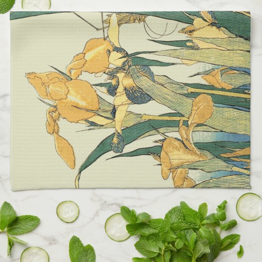 Hokusai Grasshopper und Iris Japan Geschirrtuch (Gefaltet)