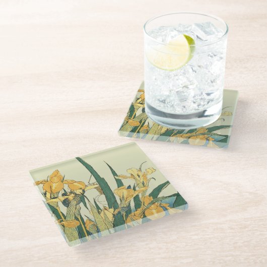 Hokusai Grasshopper und Iris Japan Glasuntersetzer (Schrägansicht)