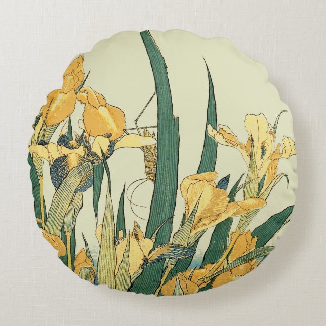 Hokusai Grasshopper und Iris Japan Rundes Kissen (Vorderseite)
