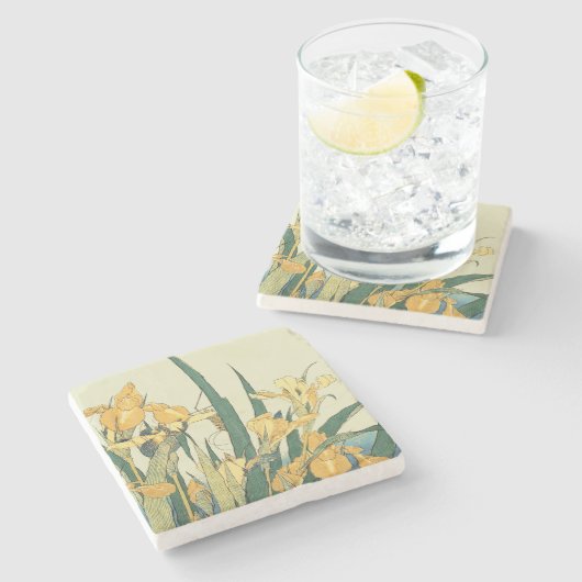 Hokusai Grasshopper und Iris Japan Steinuntersetzer (Seitenansicht)