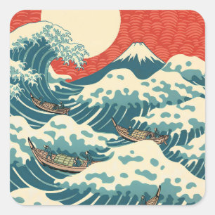Hokusai Große Welle Retro Japanische Kunst Quadratischer Aufkleber