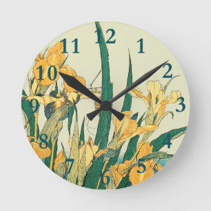 Hokusai Heuschrecke Iris Vintage Druck: Japanisch Runde Wanduhr