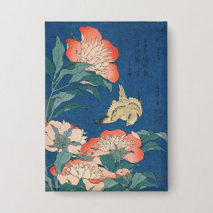 Hokusai Japanische Kunst Pfingstrosen und Kanarien Button