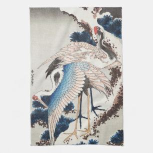 Hokusai Japanische Kunst Zwei Kraniche Schneebedec Geschirrtuch