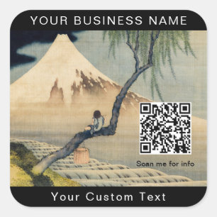 Hokusai - Junge betrachtet den Fuji - QR Code Quadratischer Aufkleber