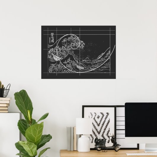 Hokusai Meets Fibonacci linear schwarz-weiß Poster (Heimbüro)