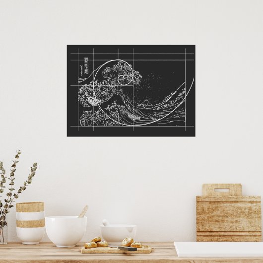 Hokusai Meets Fibonacci linear schwarz-weiß Poster (Küche)