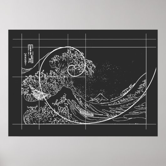 Hokusai Meets Fibonacci linear schwarz-weiß Poster (Vorne)