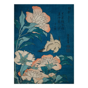 Hokusai Pfingstrosen und Kanarienvogel Vintage Gal Poster