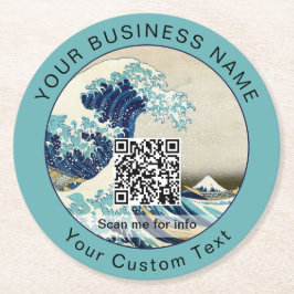 Hokusai - The Great Wave off Kanagawa - QR Code Runder Pappuntersetzer