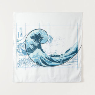 Hokusai trifft Fibonacci, blau  Wandteppich