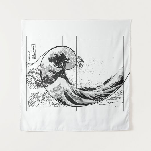 Hokusai trifft Fibonacci, Schwarz und Weiß Tapeste Wandteppich (Vorderseite)